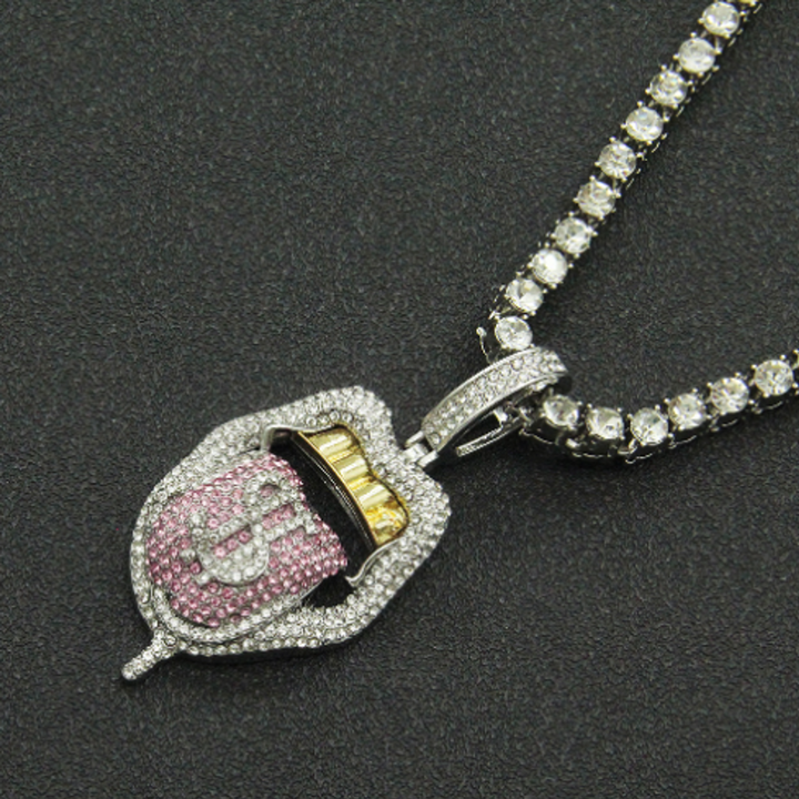 Dollar Tongue Shape Pendant with Pink Crystal Cuban Chain